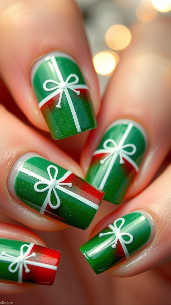 Close-up of Christmas present nail art with green and red polish, decorated with white ribbons and bows.